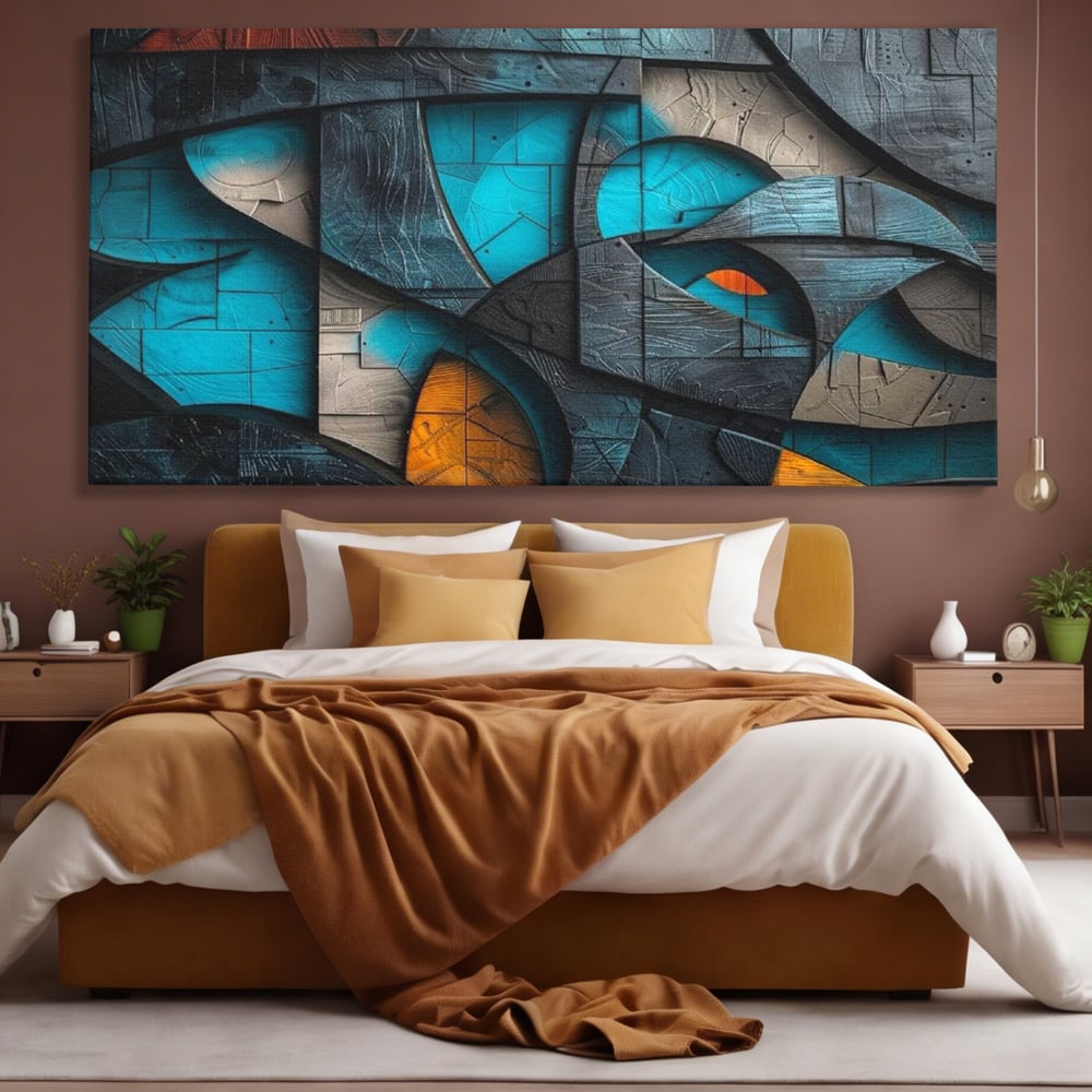 Tablou canvas cu tablou abstract cu forme geometrice din lemn, fara rama, pe sasiu de lemn, pe perete intr-un dormitor